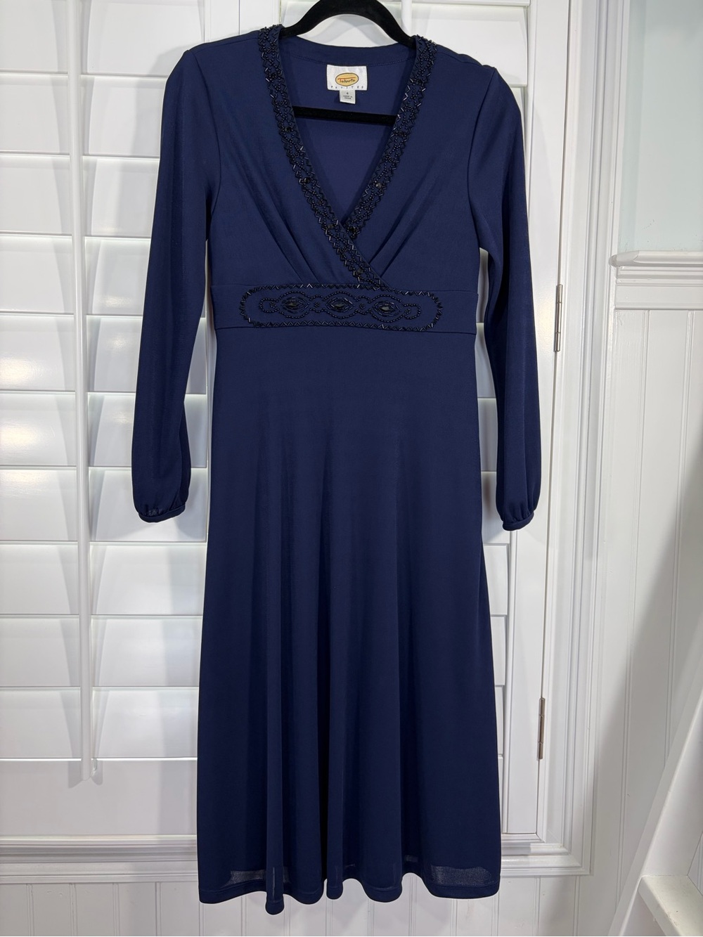 Talbots Navy Long-Sleeve V-Neck Dress with Beaded Waist (6) - Picture 2 of 11